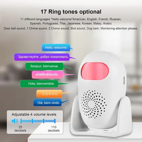 Vista 3 de Alarma con sensor de movimiento con 17 campanillas, 3 modos de alarma, 4 niveles de volumen, alarma inalámbrica con detector de movimiento
