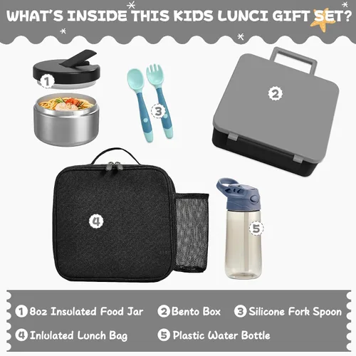 Vista 2 de Caja de almuerzo Bento para niños con termo para sopa de 8oz, botella de agua, contenedores de comida para almuerzo a prueba de fugas para niños