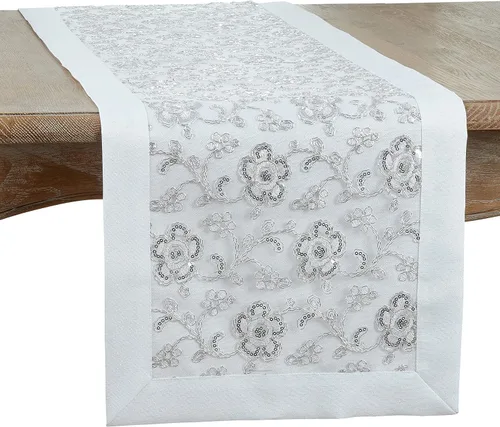 Vista 7 de SARO LIFESTYLE Camino de mesa bordado floral, plateado, 16"x120