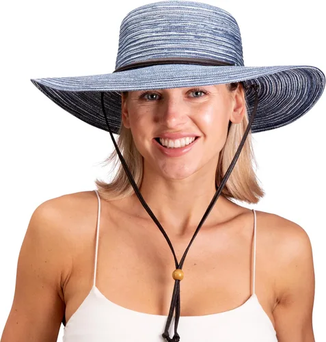 Vista 6 de Sloggers Sombrero de sol trenzado de ala ancha para mujer con cordón de viento, protección solar máxima UPF 50+ Marrón claro