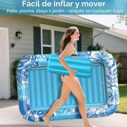 Vista 7 de Flotador inflable para tumbona de piscina, 70 x 46 pulgadas, flotadores de piscina para adultos con almohada, flotador de balsa para bañera Azul