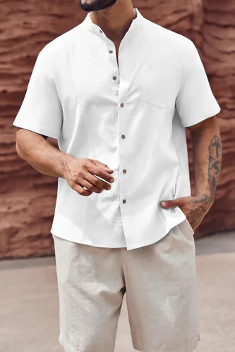Vista 2 de Makkrom Camisa guayabera de lino para hombre, con botones, manga corta, casual, cubana, mexicana, cuello de banda, tops de verano para la playa