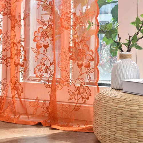 Vista 5 de FINECITY Cortinas traslúcidas naranja óxido de 72 pulgadas de largo para sala de estar, 2 paneles de cortinas de encaje transparente naranja Naranja