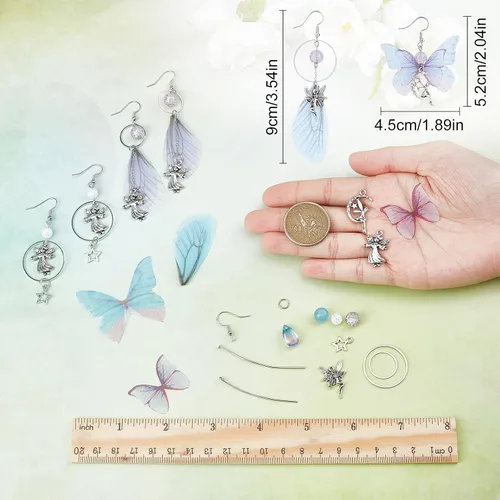 Vista 3 de SUNNYCLUE 1 caja de bricolaje 10 pares de dijes de alas de mariposa de hada, kits de fabricación de aretes de tela de organza, dijes de mariposas