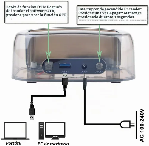 Vista 5 de TCC-S865 USB 3.0 a SATA IDE Dual Slots Externo Transparente Disco Duro Estación de Acoplamiento con Lector de Tarjetas y 2 Puertos USB 3.0 Hub