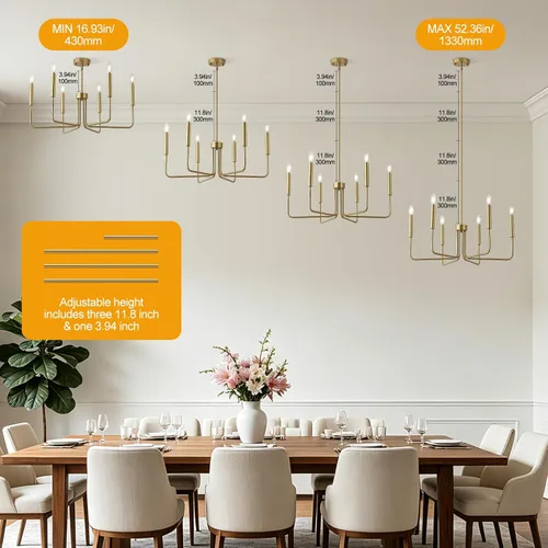 Vista 6 de Candelabro de oro cepillado para comedor, 6 luces de comedor, lámparas colgantes de estilo moderno industrial, dormitorios, vestíbulos, pasillos