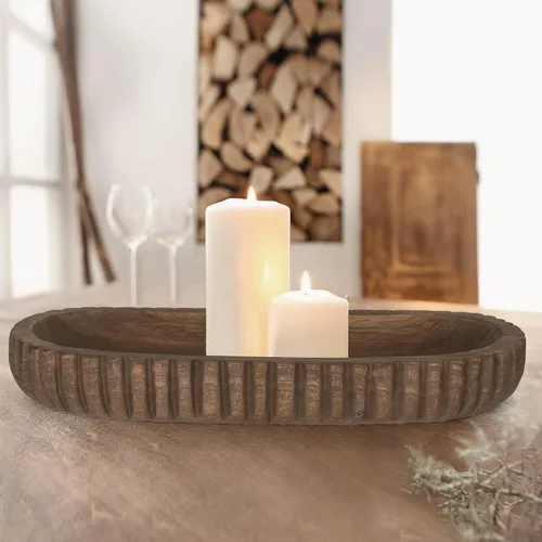 Vista 6 de Oakrain Cuenco decorativo de madera para decoración del hogar, cuenco de masa rústico de 16 pulgadas con rayas verticales talladas a mano, bandeja