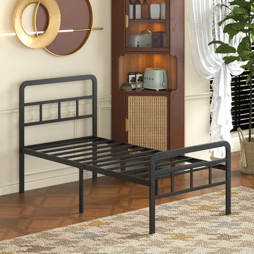 Vista 7 de Marco de cama de metal de 18 pulgadas con cabecero y estribo Cama extra resistente con espacio de almacenamiento, listones de acero, sin ruido,