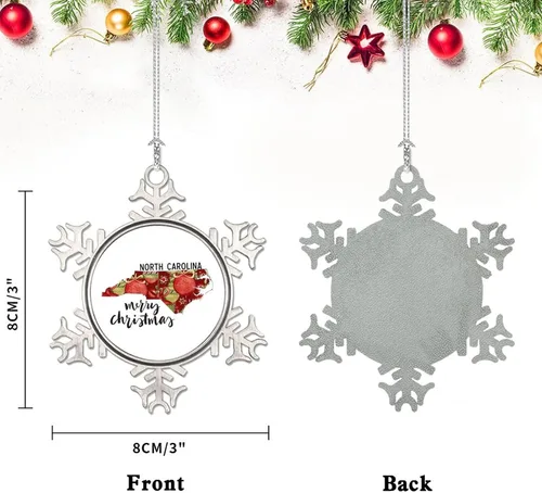 Vista 3 de Adornos de metal de copo de nieve de Carolina del Norte, 50 adornos de Estados Unidos, Feliz Navidad, adorno de Navidad de Carolina del Norte