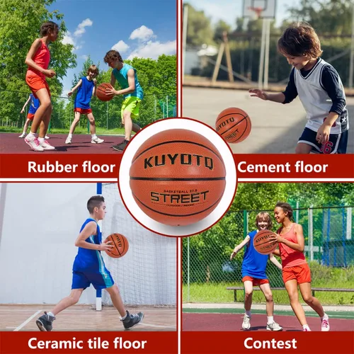 Vista 4 de KUYOTQ Baloncesto callejero para niños y jóvenes, tamaño 5 para exteriores, 27.5 pulgadas, piel suave, canal profundo, resistente al desgaste