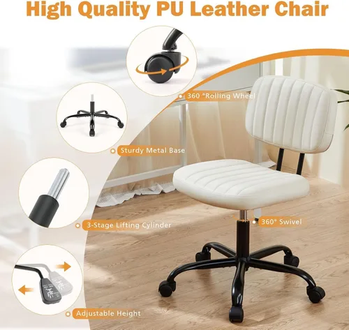 Vista 5 de Simple Deluxe Silla de escritorio pequeña, silla de oficina sin brazos con ruedas, de piel sintética, cómoda para computadora, giratoria, sin brazos