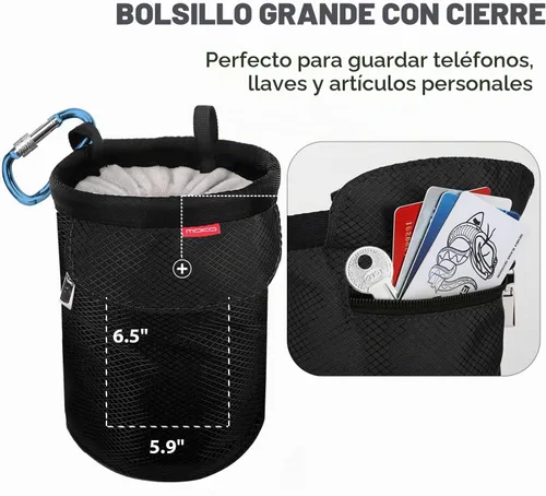 Vista 5 de Moko Rock Climbing Chalk Bag, Bouldering Chalk Pot Bucket with Adjustable Belt & Carabiner Drawstring Climbing Gear Negro