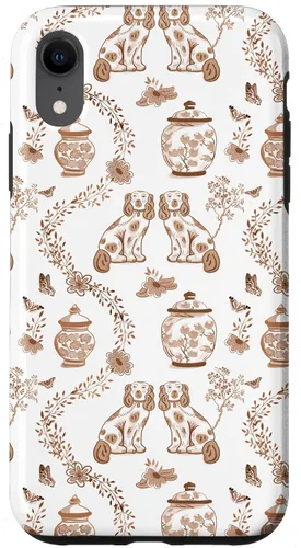 Vista 24 de Funda para iPhone XS Max Preppy Marrón y Blanco Toile Chinoiserie Perros y Jengibre