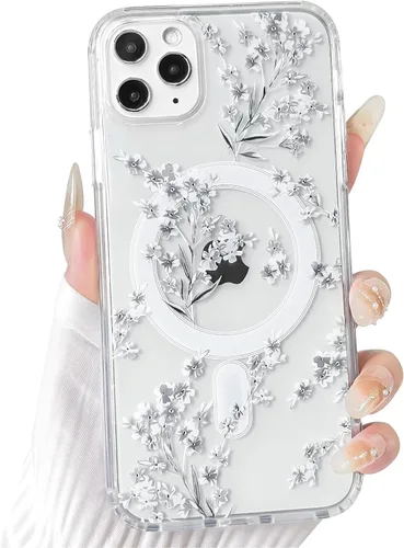 Vista 55 de NITITOP Funda magnética transparente compatible con iPhone 14 Plus/15 Plus, compatible con MagSafe lindas flores, hojas florales para mujeres