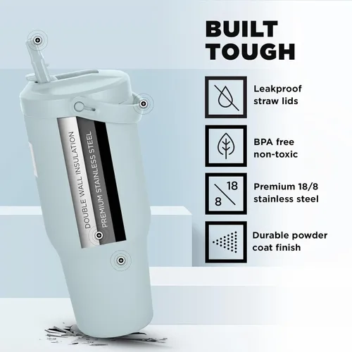 Vista 5 de IRON °FLASK Sidekick - Vaso de agua aislado con popote y asa plegable - Botella de acero inoxidable a prueba de fugas, base antideslizante y se