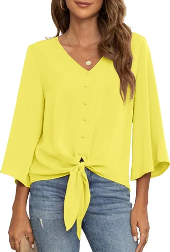Vista 23 de VIISHOW Blusas de verano para mujer, con botones, cuello en V, de gasa, mangas acampanadas de 3/4, con nudo, casuales 01 Blanco