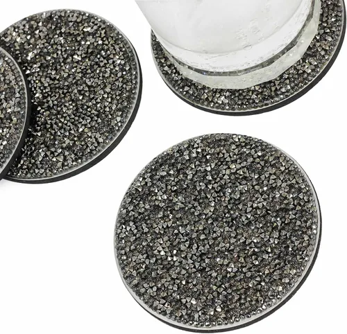 Vista 4 de Juego de posavasos luminoso, deslumbrantes diamantes de imitación en acero inoxidable, respaldo protector, para café glamoroso y mesas auxiliares