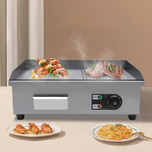 Vista 3 de Parrilla eléctrica portátil de mesa Teppanyaki de 110 V, parrilla antiadherente comercial con control de temperatura ajustable de 122 ~ 572 ℉