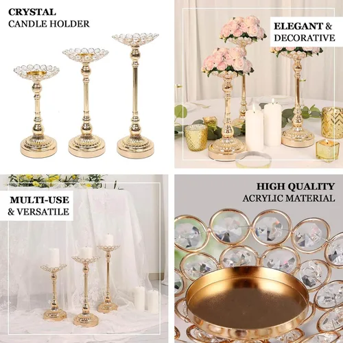 Vista 4 de Efavormart - Juego de 3 portavelas votivas con cuentas de cristal de metal dorado, soportes para velas de té, 11 pulgadas, 13 pulgadas, 15 pulgadas