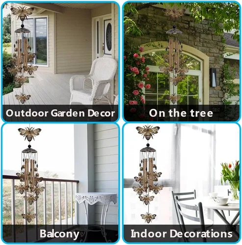 Vista 6 de Campanillas de viento de abejas para exteriores, regalos para mamá - Campanas conmemorativas de bronce, atrapavientos de simpatía móvil, decoración