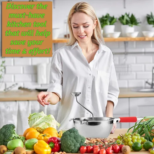 Vista 6 de Molino de alimentos de acero inoxidable – 3 discos de molinillo de alimentos – Enricer de patatas para puré de papas – Manivela de mano