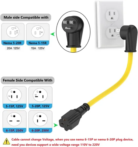 Vista 4 de Cable adaptador de enchufe doméstico de 1 pie de 12 AWG en ángulo recto de 15 amperios a 20 amperios, cable adaptador de enchufe de 90 grados Nema
