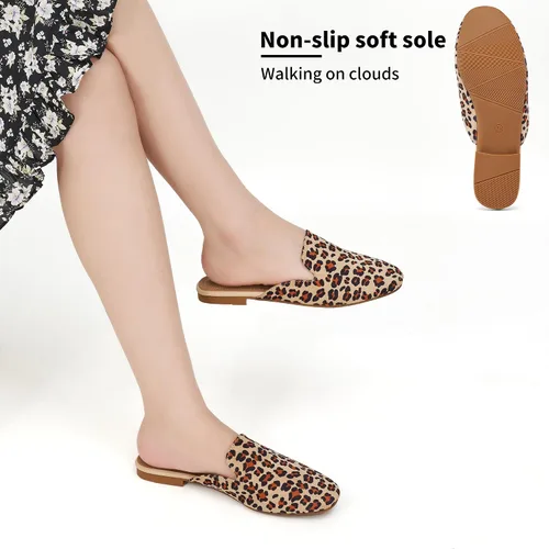 Vista 6 de Ecetana Mocasines para mujer, cómodos, planos, de leopardo, sin cordones, puntera redonda, sin espalda, de gamuza, zapatos para mujer