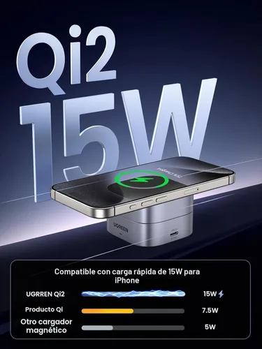 Vista 2 de UGREEN MagFlow Qi2 - Estación de carga plegable magnética, cargador inalámbrico rápido 2 en 1 compatible con iPhone 17/17 Air/17 Pro/17 Pro Max 16