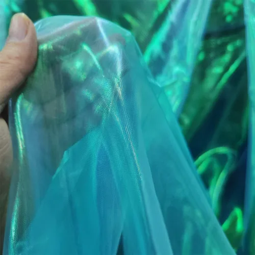 Vista 25 de Tela de encaje de organza con gradiente láser arcoíris mágico, tela de gasa holográfica iridescente para vestido de novia, cortina, fondo, fiesta