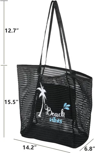Vista 6 de ukia Bolsa de playa de malla, bolsas de playa de gran capacidad para mujer, bolsa de playa plegable con bolsillo con cremallera