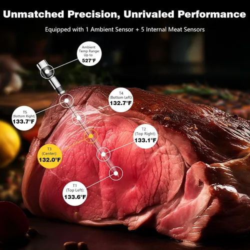 Vista 3 de Termómetro inalámbrico inteligente Bluetooth para carne con base de pantalla, precisión NIST ±0.5°F, sonda ultrafina resistente al calor de 1000 °F