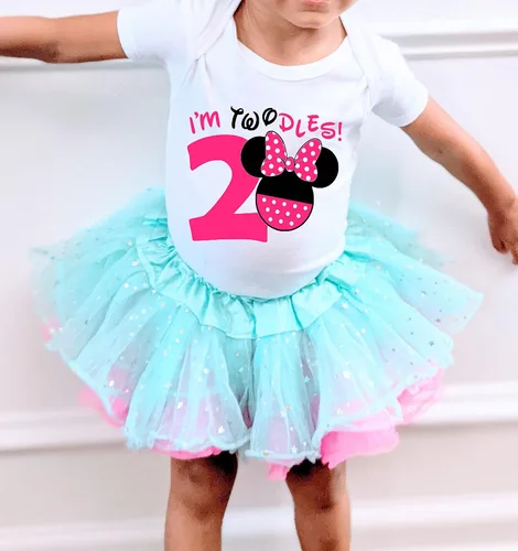 Vista 3 de Twodles - Camiseta de cumpleaños de Minnie para niñas pequeñas, traje de segundo y tercer cumpleaños