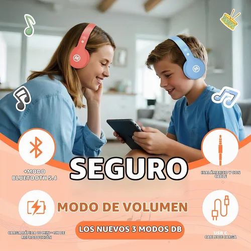 Vista 2 de Mokata Auriculares Bluetooth inalámbricos/con cable para niños, volumen limitado, 85/110 dB, protección plegable sobre la oreja, auriculares