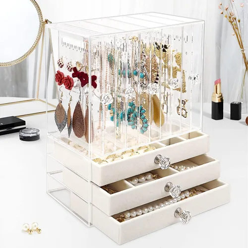 Vista 9 de Jenseits Acrylic Jewelry Holder, Clear Earring Organizer with 3 Drawers, Velvet Hanging Jewelry Stand Storage for Necklace Earrings Ring Bracelet