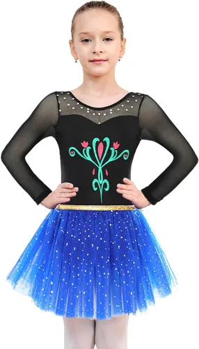 Vista 2 de EQSJIU Leotardo de ballet de manga larga con falda tutú para niñas, baile, gimnasia, niños pequeños, vestido de fiesta de copo de nieve brillante