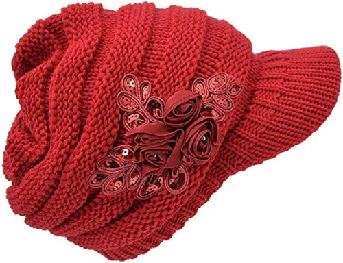 Vista 12 de C-US - Gorro de punto cálido para mujer, con visera de ganchillo con acento de flores