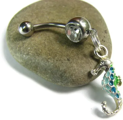 Vista 4 de Piercing de ombligo de caballito de mar azul y verde para mujer