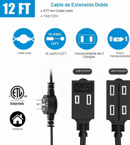 Vista 2 de Regleta de alimentación de cable de extensión doble, cable de 12 pies, 6 Negro
