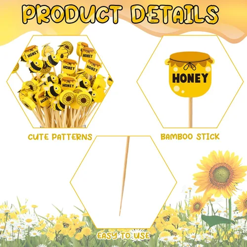 Vista 2 de Zubebe Palillos de cóctel de abejas de verano, palillos de dientes de bambú de girasol, palillos de dientes de cóctel para cupcakes, aperitivos