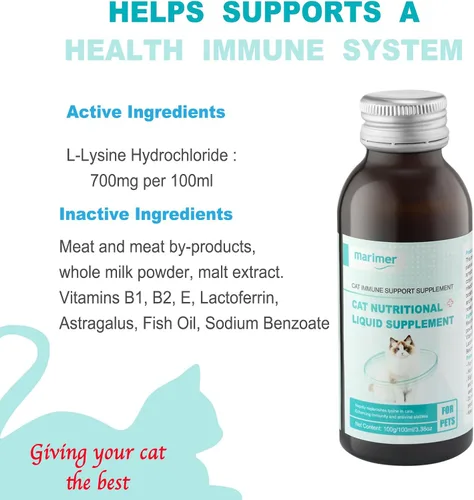 Vista 2 de Suplemento líquido de apoyo inmunológico para gatos, fórmula de L-lisina para gatos, 3.38 onzas L-lisina, astrágalo y vitaminas, apoya la salud