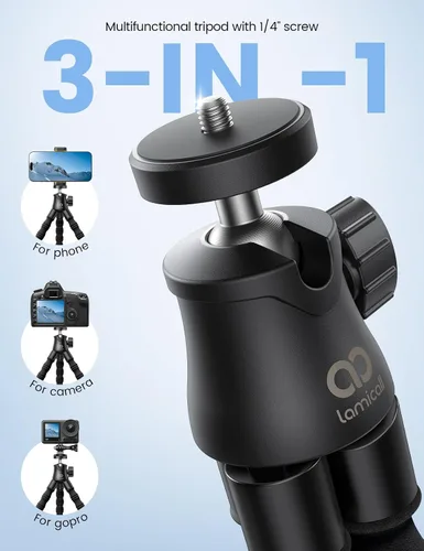 Vista 2 de Lamicall Trípode para iPhone - Trípode para teléfono [ultraestable] con control remoto inalámbrico, mini soporte flexible para teléfono