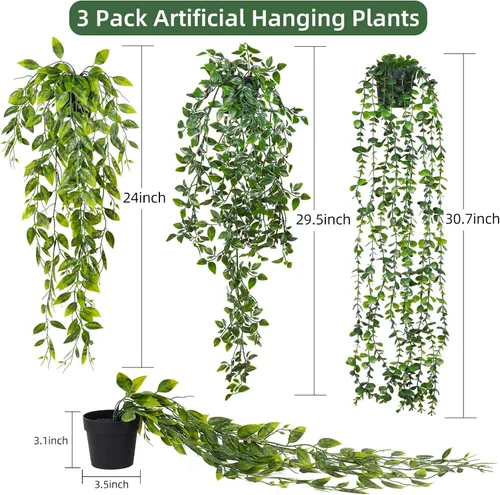 Vista 2 de RECUTMS - Plantas falsas colgantes con macetas, 3 unidades de hiedra artificial enredadera, plantas falsas en maceta, plantas artificiales