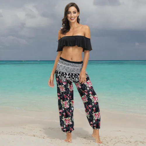 Vista 8 de Pantalones de harén para mujer, pantalones bohemios fluidos, pantalones de yoga, pantalones de pierna ancha, pantalones hippie