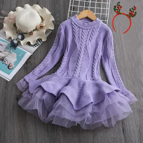 Vista 3 de Suéter de Navidad de ganchillo de invierno para niñas pequeñas, vestido de punto y banda para el cabello (morado, 2-3 años)