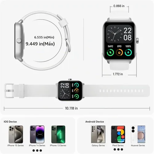 Vista 8 de Relojes inteligentes para hombres, pantalla HD de 1.85 pulgadas, compatible con iPhone/Android (responder/hacer llamadas), más de 110 modos Blanco