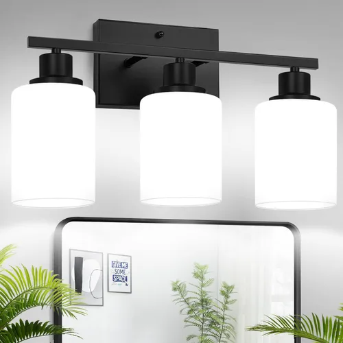 Vista 20 de MOKATNG Juego de 2 apliques de pared para baño, luces de tocador modernas negras con pantalla de vidrio blanco, lámpara de pared de baño