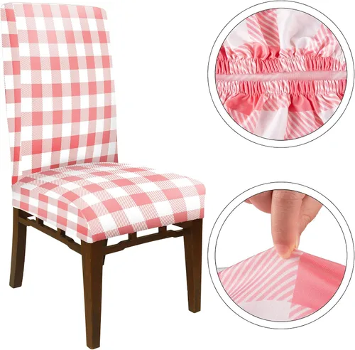 Vista 4 de Whaline Fundas para sillas a cuadros de búfalo, fundas para sillas de color rosa y blanco, protector de asiento elástico extraíble para el día