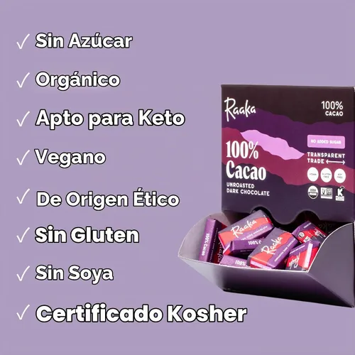 Vista 3 de Raaka Mini barras de chocolate, 100% cacao, orgánicas, kosher, veganas, sin gluten, comercio justo, sin soja, sin OMG, paleo, caja de 100 chocolates