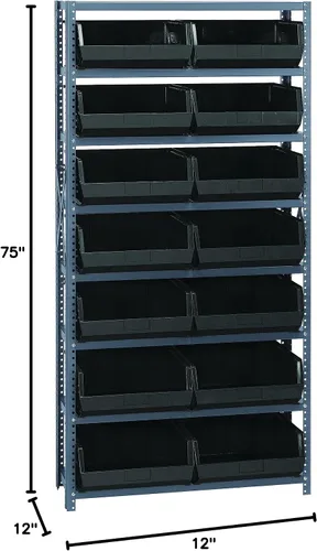 Vista 447 de Quantum QSBU-245BK Heavy Duty Shelving Unit with (7) Shelves and (24) QUS245 Black Bins for Garage Warehouse Storage Distribution 400 lb Load