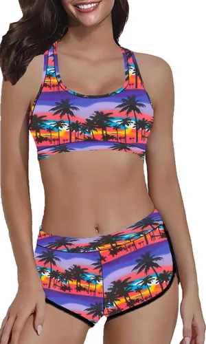 Vista 3 de Traje de baño deportivo de 2 piezas para mujer, cuello redondo, pantalones cortos, bikini